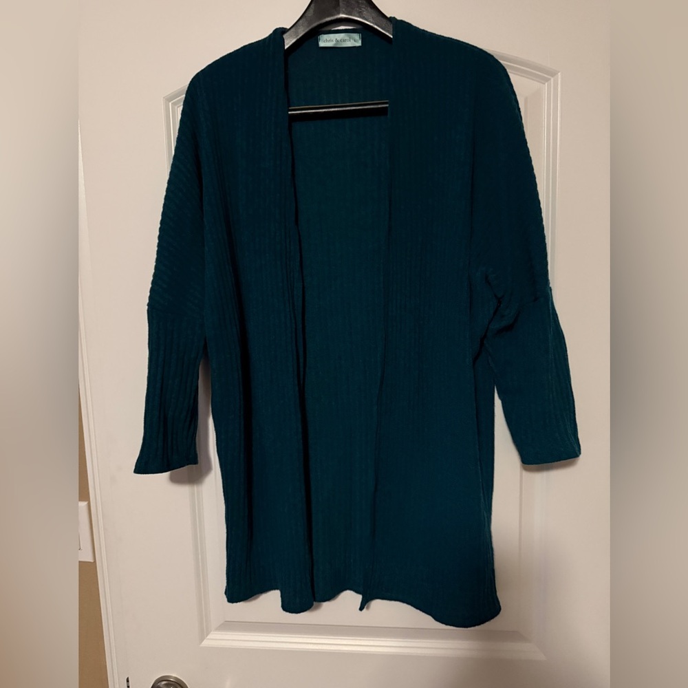 Chris & Carol Ladies size Large, Teal Open-Front Ribbed Cardigan. 3/4 sleeve.